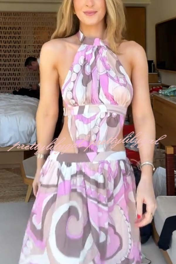 Tauni Unique Print Hollow Waist Backless Elastic Strap Halter Maxi Dress