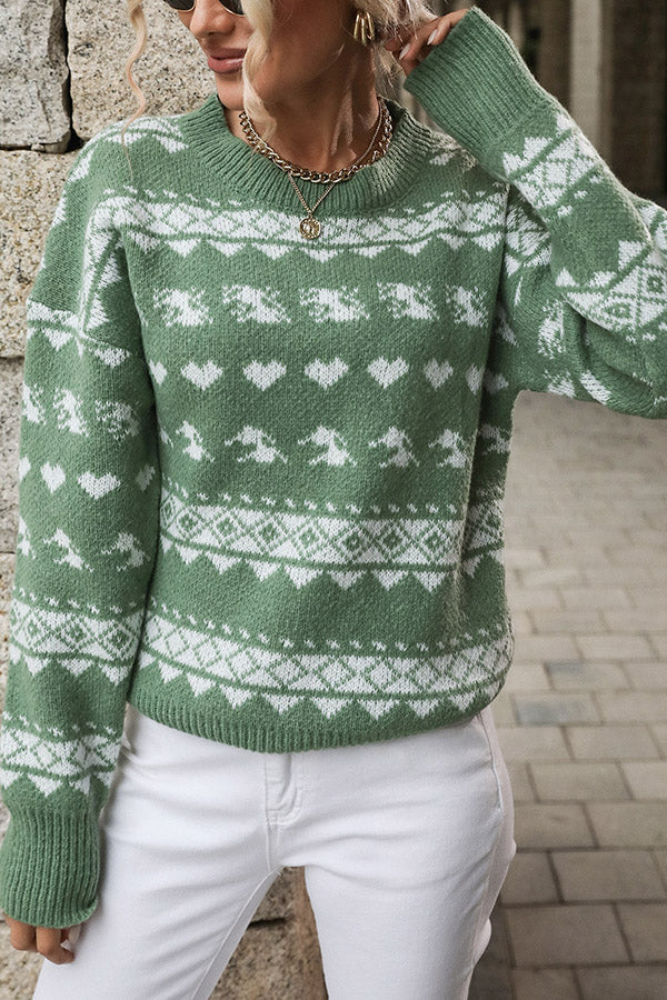 Christmas Geometric Round Neck Long Sleeve Loose Knitted Sweater