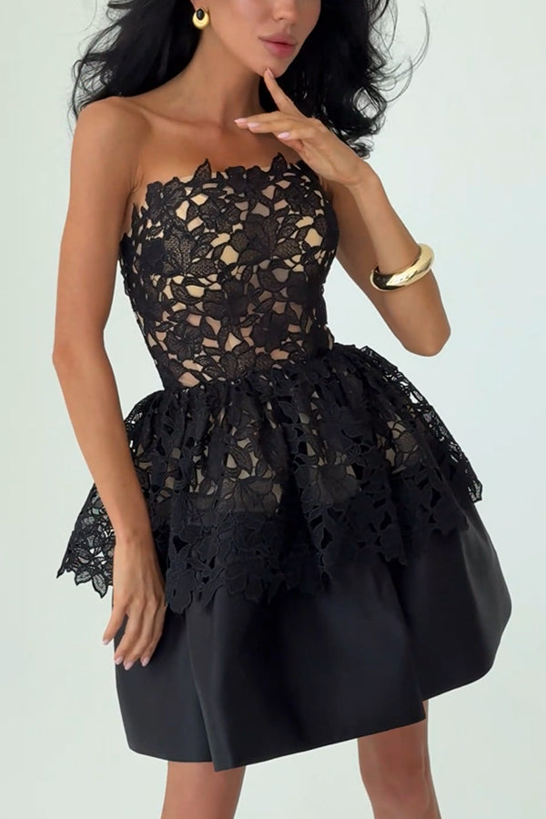 Angie Embroidered Floral Lace Patchwork Off Shoulder Tulip Hem Mini Dress