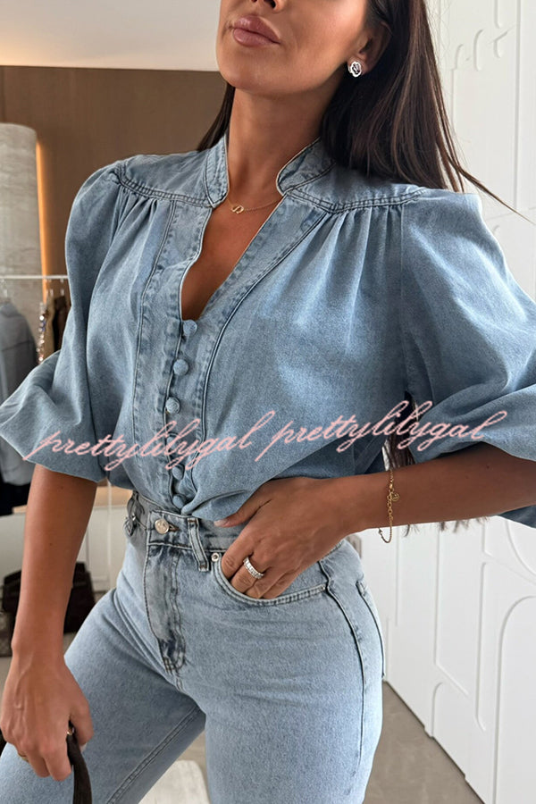 Fashion V-neck Button-down Lantern Sleeve Casual Denim Shirt