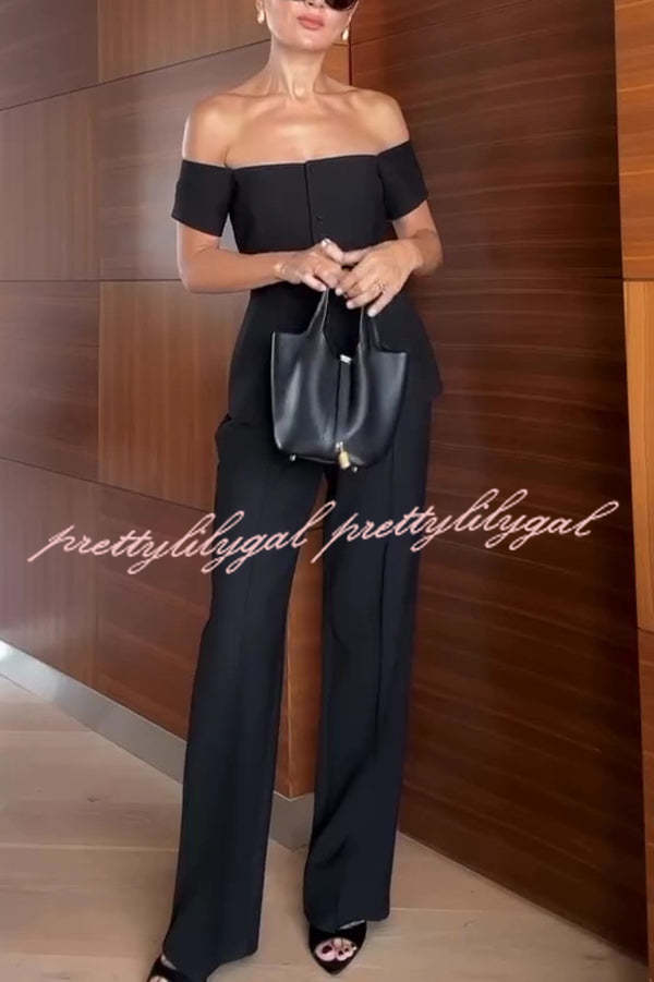 Solid Color Off-the-shoulder Single-breasted Top and Casual Pocket Straight-leg Pants Set