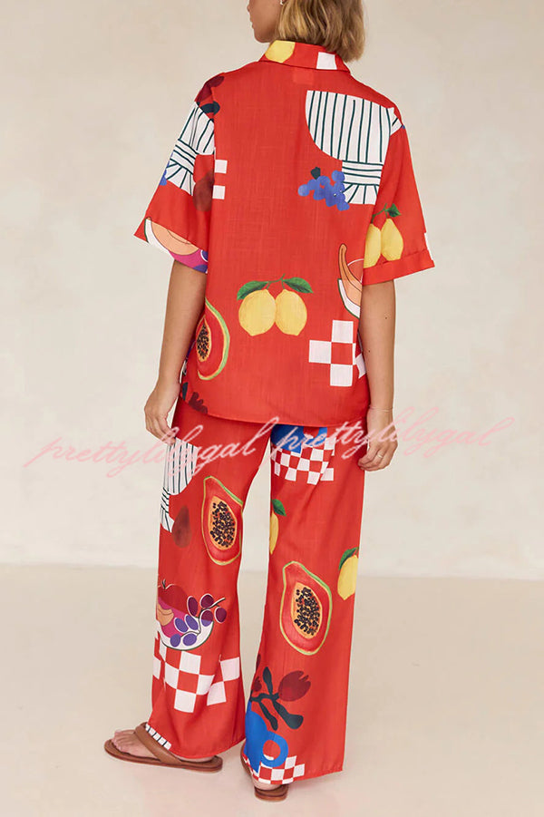 Unique Printed Casual Shirt and Elastic Waist Pants Set