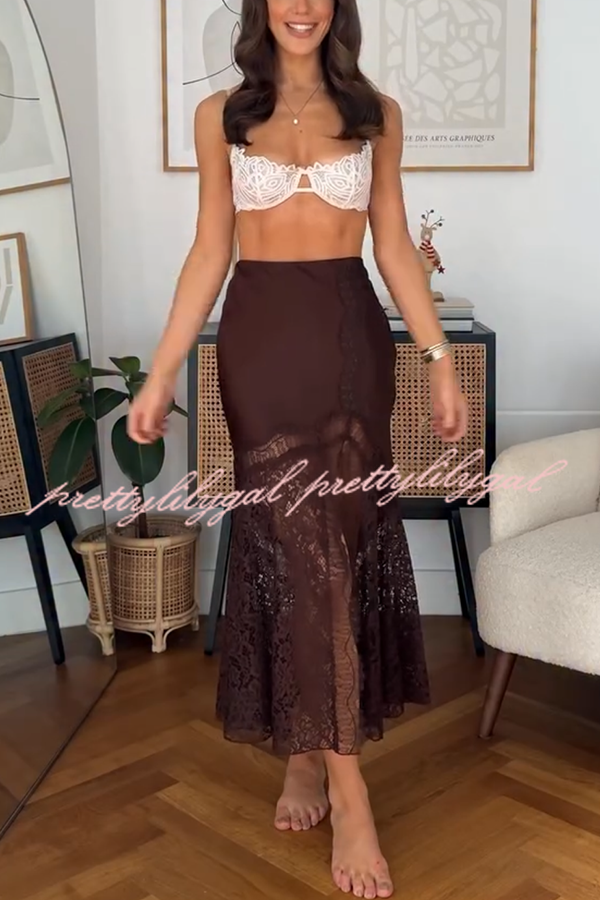 Cozy Sweet Darling Satin Lace Patchwork Mid Rise Slit Maxi Skirt