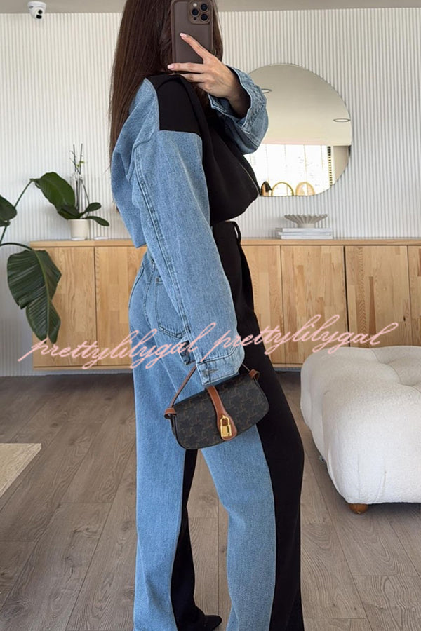 Sports Fashion Denim Patchwork Sweatshirt Fabric Zipper Long Sleeve Loose Jacket