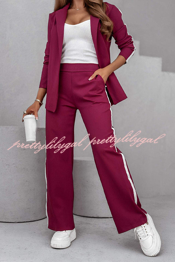 Working Casual Days Long Sleeve Lapel Blazer and Elastic Waist Pocket Straight Pants Set