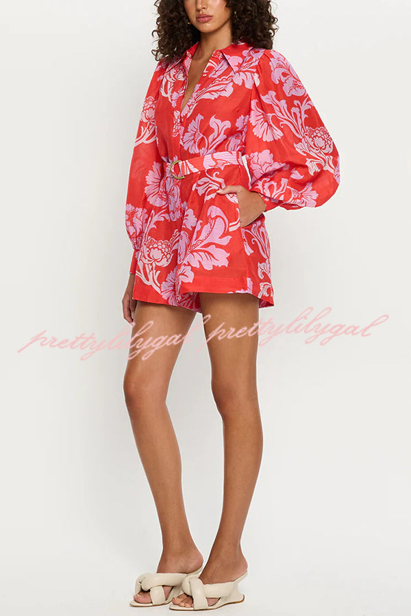 Linen Blend Botanical Print Lapel Puff Sleeve Loose Tie Casual Rompers
