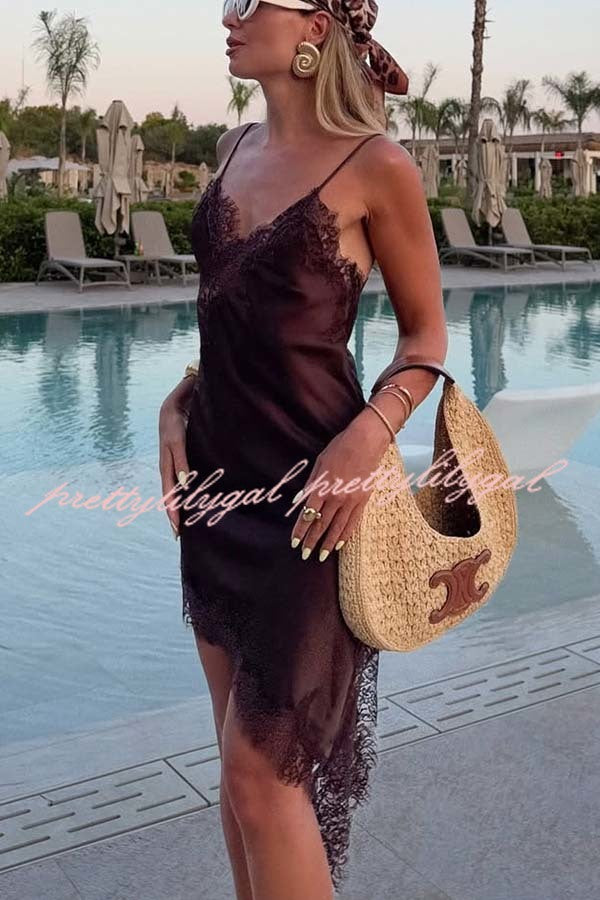 Elouise Satin Lace Trim V-neck Asymmetrical Hem Slip Mini Dress