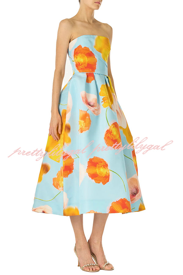 Floral Print Off Shoulder Backless Elegant Midi Dress