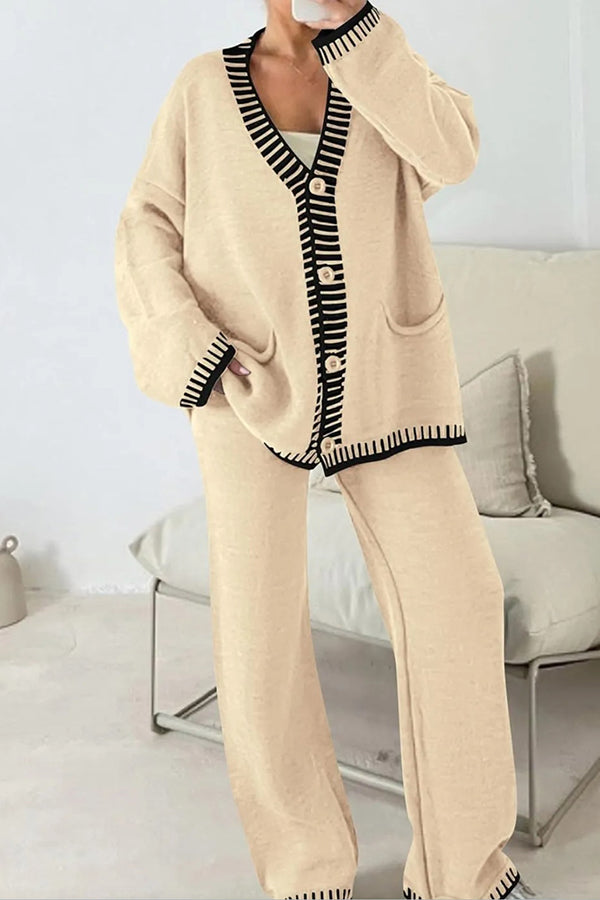 Fashion Casual Knitted Long Sleeve Pocket Cardigan and Elastic Waist Loose Wide Leg Pants Set