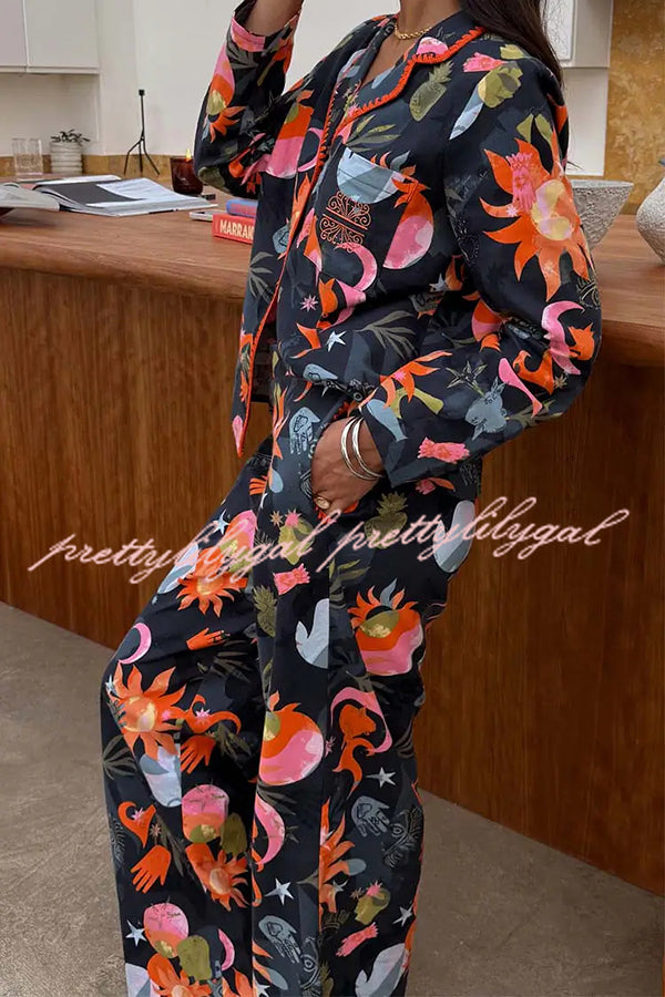 Evening Routine Unique Print Color-block Trim Loose Shirt and Elastic Waist Pocketed Pajama Set