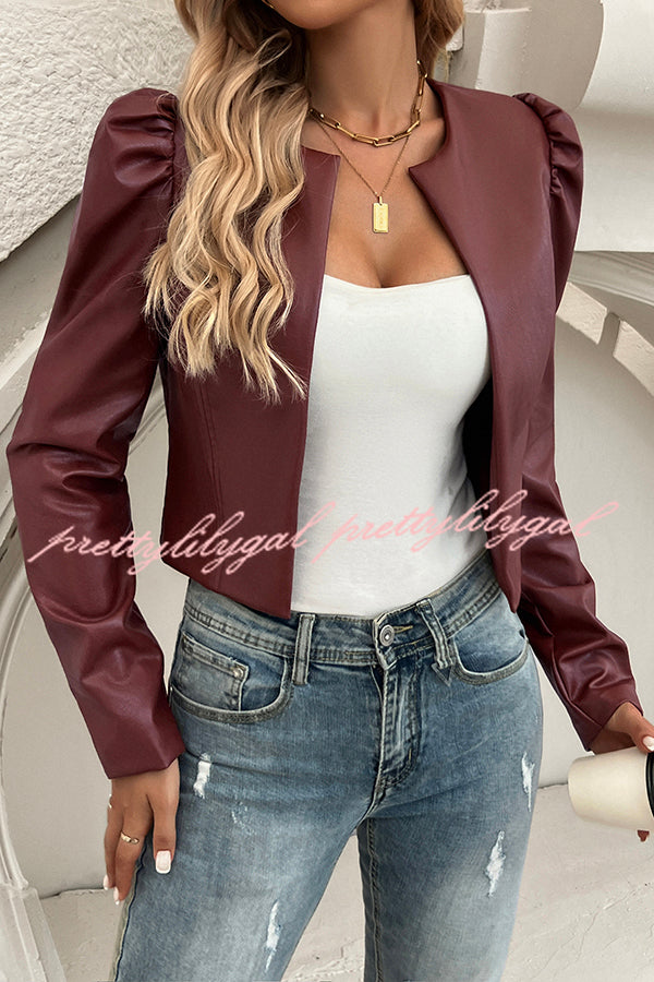 Yelissa Faux Leather Statement Long Sleeve Open Front Crop Jacket