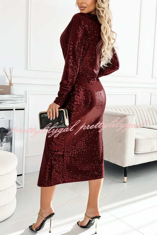 Coralia Sequin V-neck Long Sleeve Twist Waist Front Slit Midi Dress