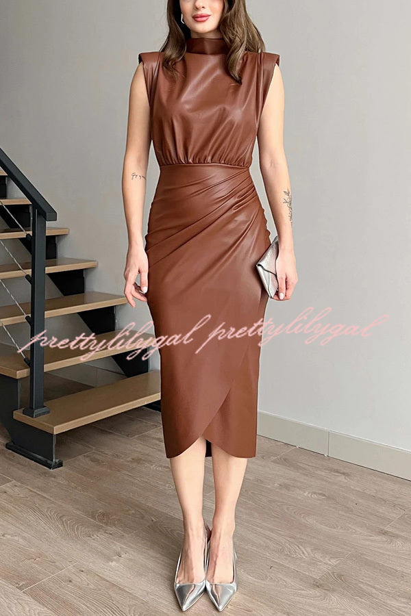 Elouise Faux Leather Turtleneck Shoulder Pads Ruched Slit Midi Dress