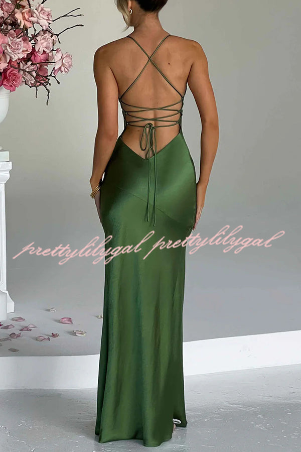 Satin Solid Color Sexy Backless Lace Up High Slit Maxi Dress