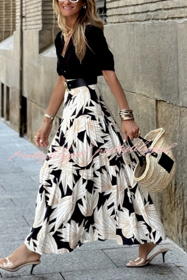 Resort Style Botanical Print Elastic Waist Loose Stitching Midi Skirt