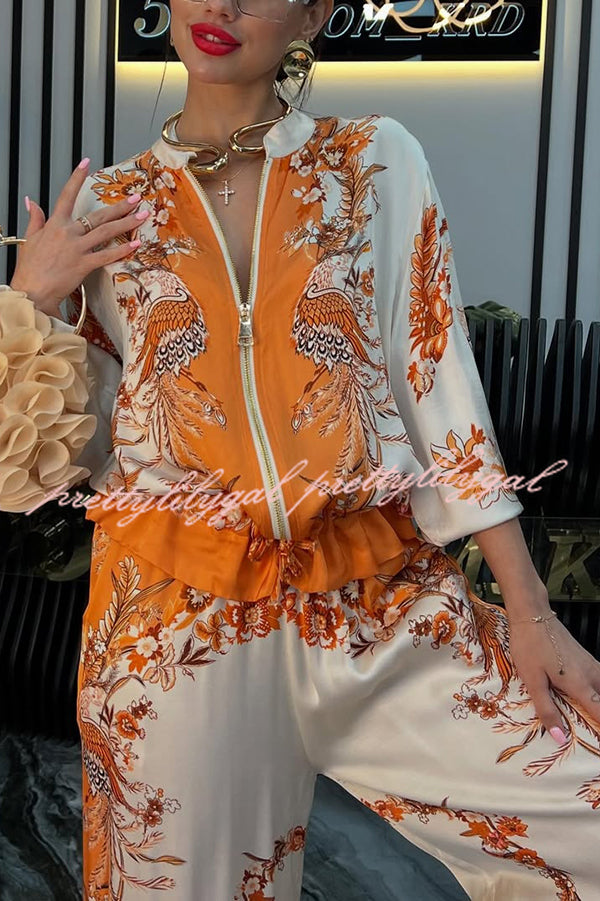 Unique Printed Casual Long-sleeved Loose Top and Elastic Waist Pocket Wide-leg Pants Set