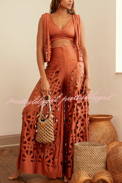 Sexy V-neck Sleeveless Top and Elastic Waist Hollow Wide-leg Pants Set