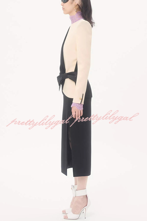 Love Unfolded Contrast Color Side Bow Tie-up Long Sleeve Slit Midi Dress