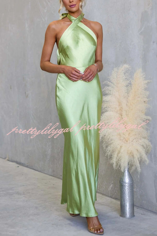 Satin Fashion Halter Backless Slim Elegant Maxi Dress