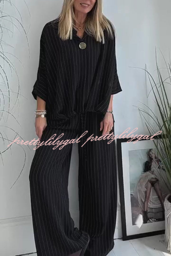 Fashion Striped Print Lapel Loose Top and Elastic Waist Casual Wide-leg Pants Set