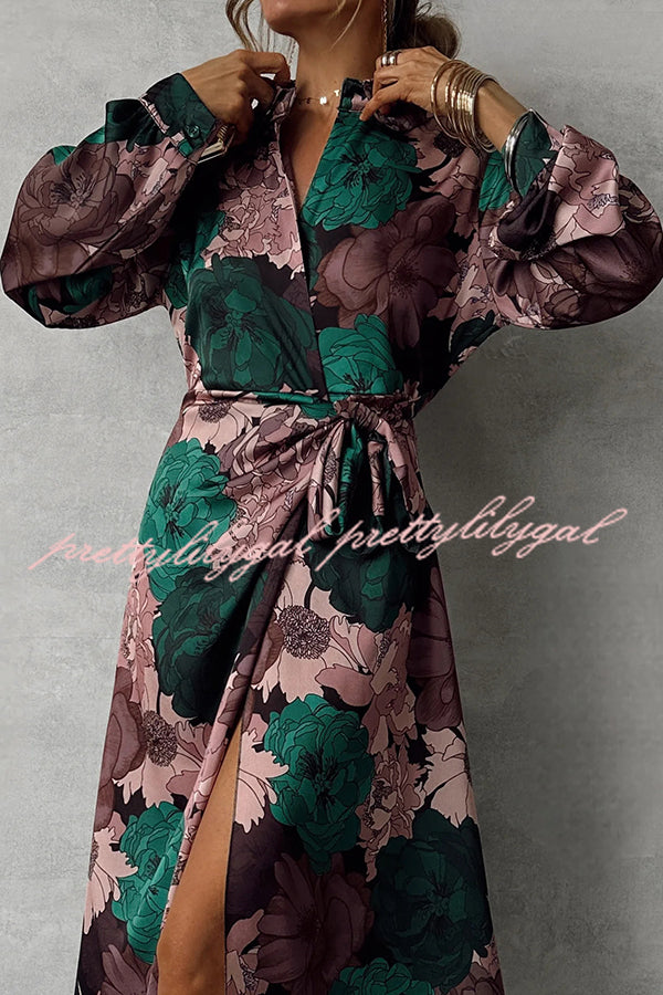 Floral Print Lapel Waisted Lace-up Long-sleeve Maxi Dress