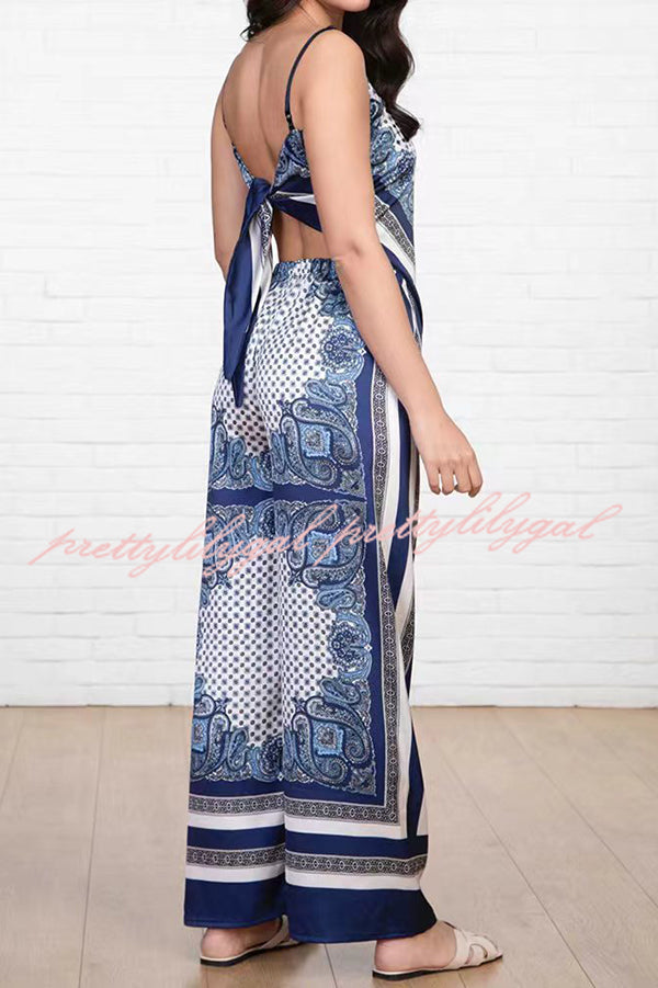 Unique Printed Sling Backless Strappy Top and Elastic Waisted Loose Pants Set