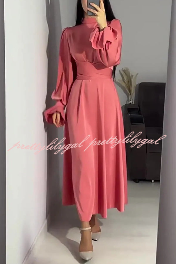 Solid Color Ruffled Sleeves Waisted Tie Slim Fit Maxi Dress