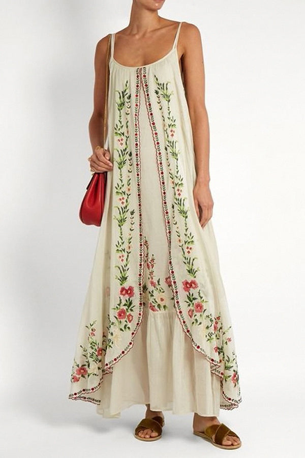 Botanical Print Suspenders Loose Full Hem Maxi Dress