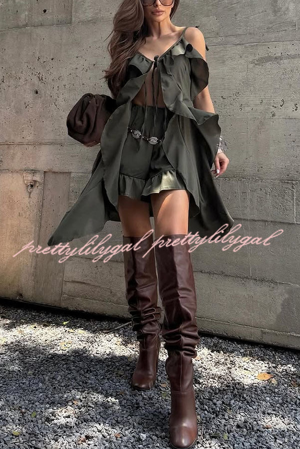 Beauty of Flow Ruffles Tie-up Slit Midi Top and Elastic Waist Shorts Set