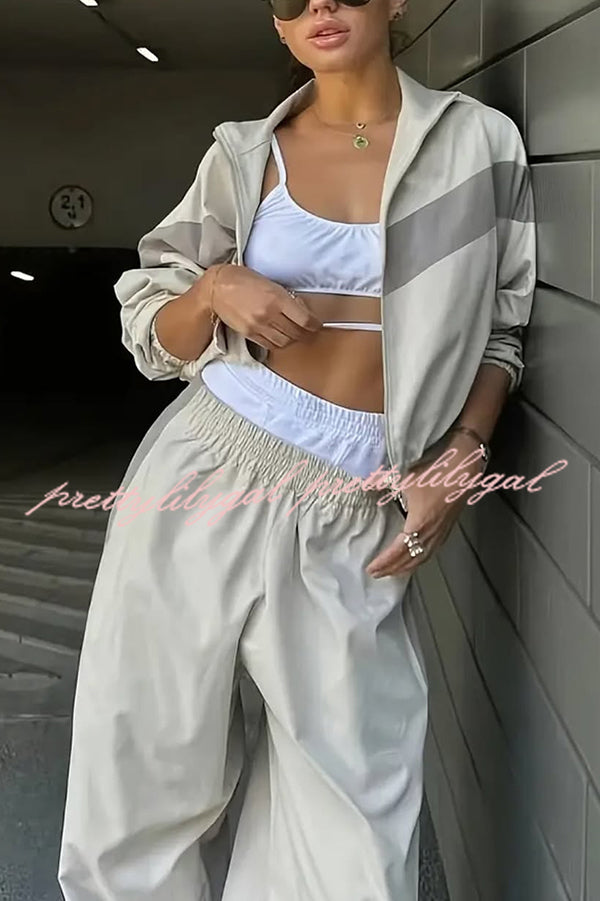 Fashionable Contrasting Long-sleeved Loose Coat and Elastic Waist Wide-leg Pants Set