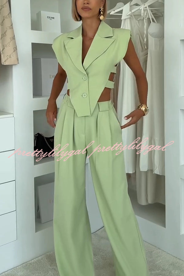 Fashion Style Lapel Waist-baring Irregular Vest and  Elastic Waist Pocket Loose Pants Set