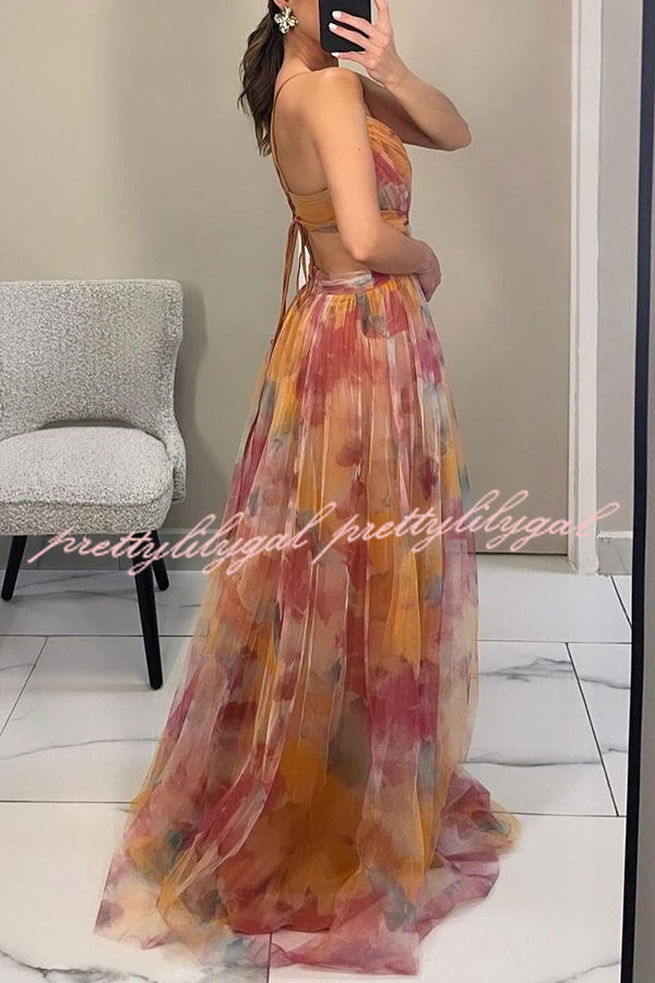 Giselle Tulle Render Floral Print Cutout Waist Back Lace-up Maxi Dress