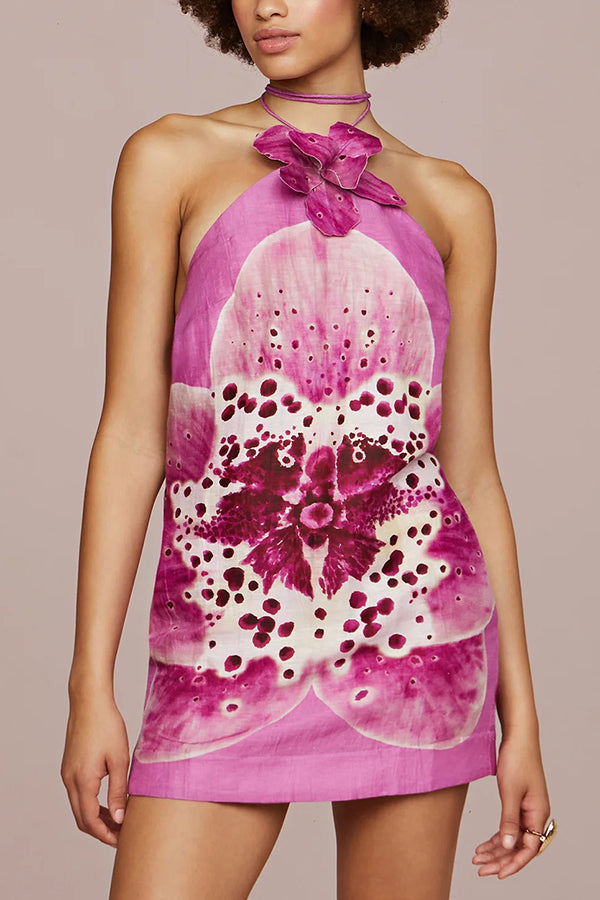 Artistic Flavor Linen Blend Printed Orchid Shape Halter Mini Dress