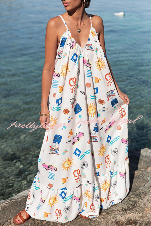 Marisol Linen Blend Unique Print A-line Slip Loose Maxi Dress