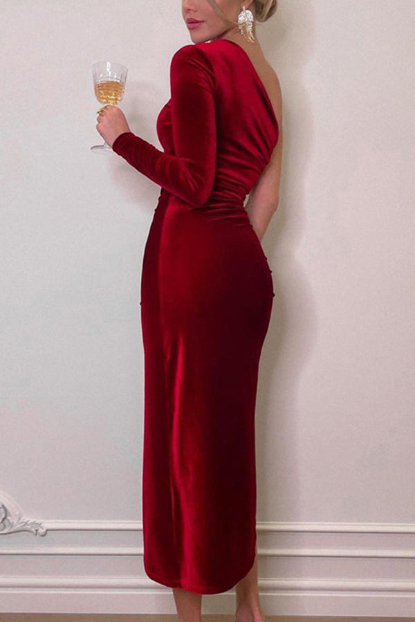 Velvet Sexy Single Sleeve Slimming High Slit Midi Dress