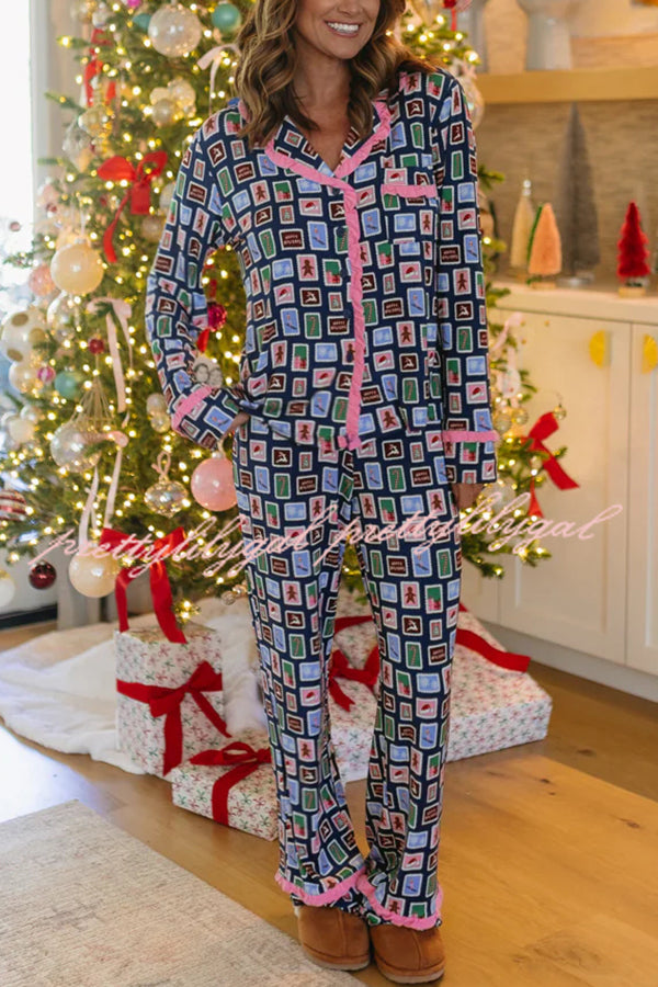 Postcards To Santa Unique Print Ruffles Trim Pocket Shirt and Elastic Waist Pajama Set