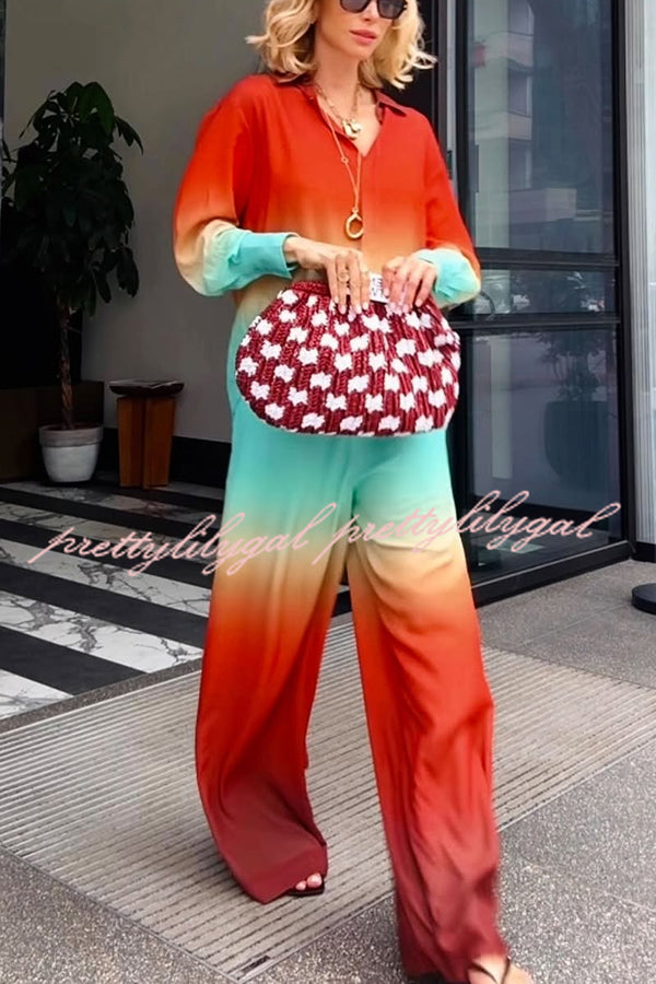 Neon Sunset Gradient Print Long Sleeve High Low Hem Blouse and Elastic Waist Loose Pants Set