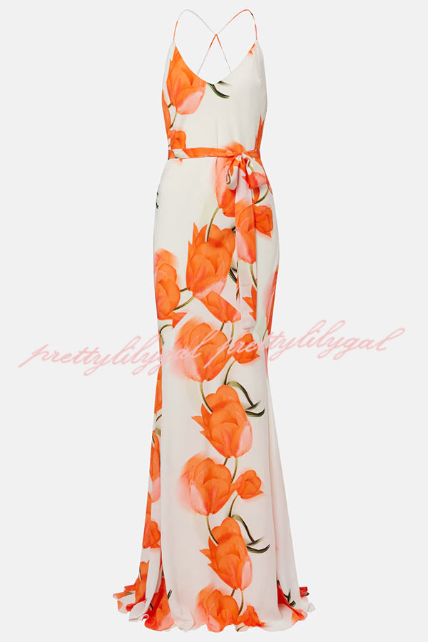 Charming Tulip Print Backless Crisscross Straps Flare Scarf Maxi Dress
