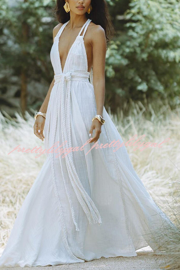 Summer Whispers Linen Blend Draped Braids Deep V-neck Halter Backless Cover Up Maxi Dress