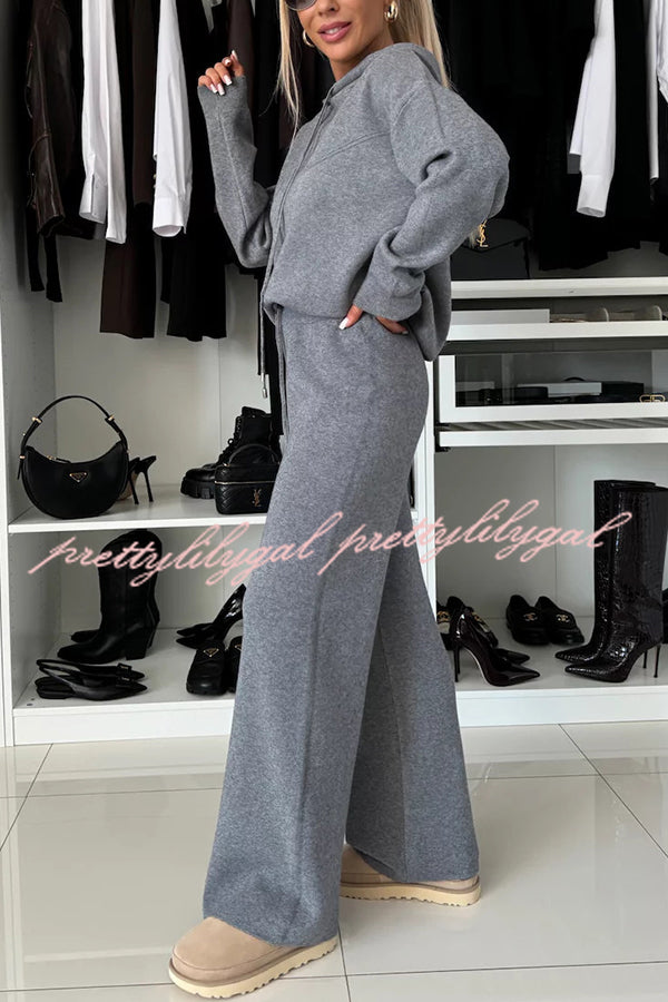 Solid Color Loose Hooded Tie Sweatshirt and Elastic Waist Casual Straight Pants Set