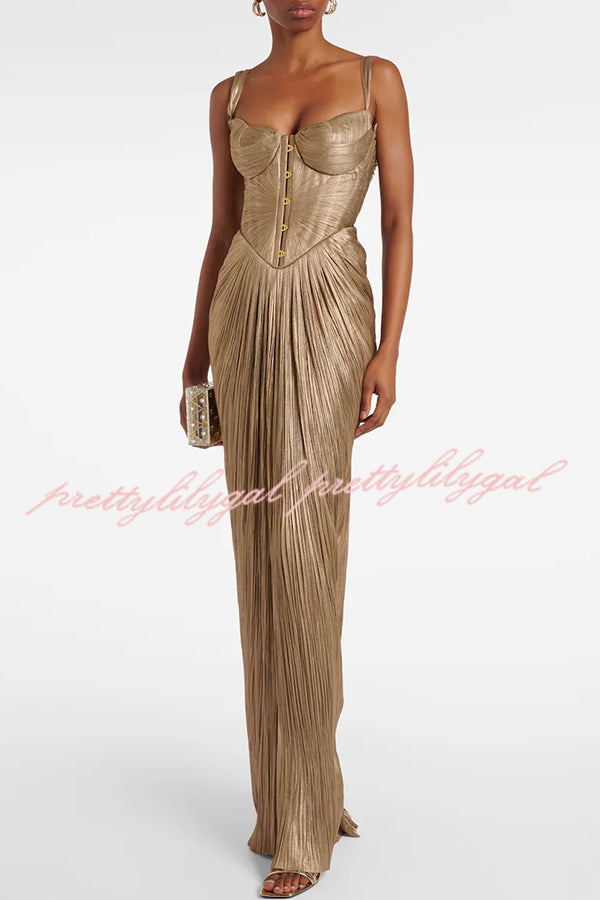 Vegas Queen Metallic Pleated Sculpted Bodice Back Lace-up Drape Maxi Dress