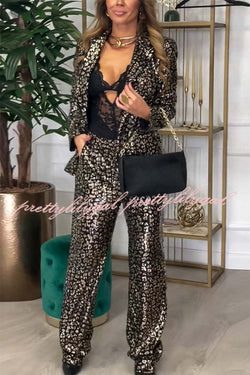 Mona Leopard Metallic Fabric Lapel Boyfriend Blazer and Elastic Waist Pocketed Loose Pants Set