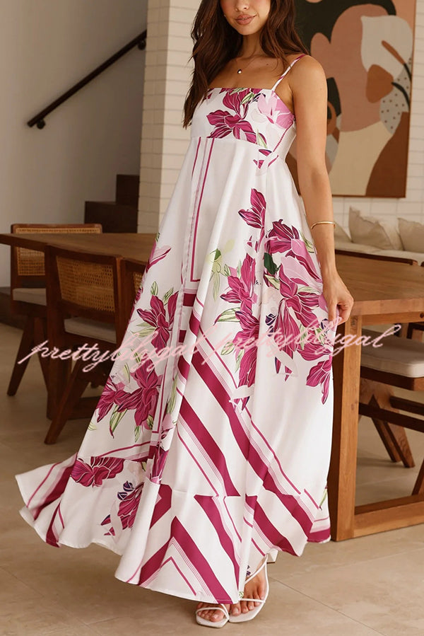 Botanical Print Halter Square Neck Pleated Loose Maxi Dress