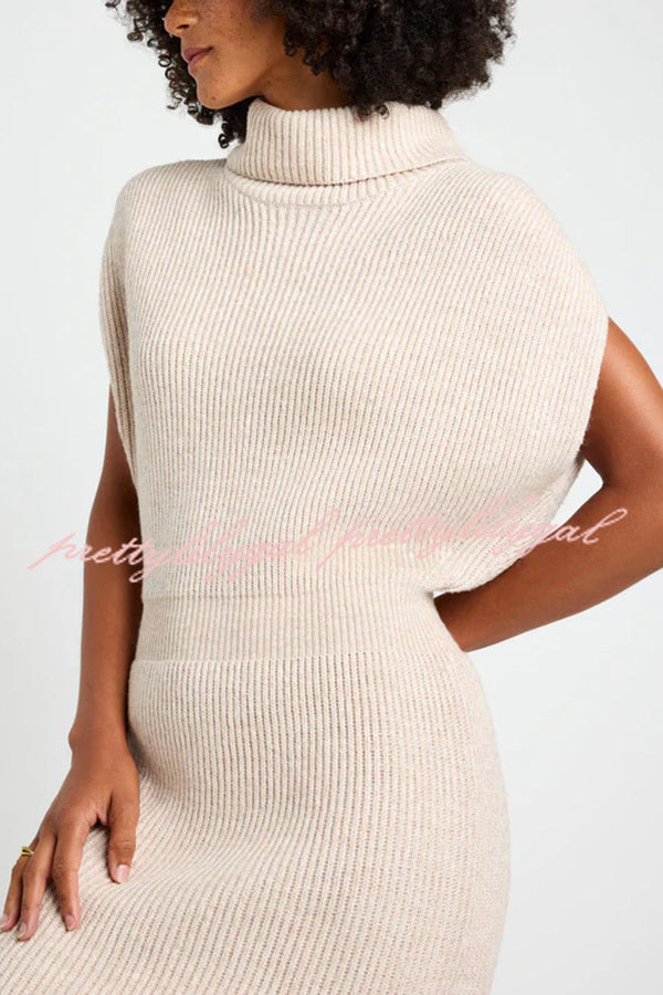 Book Club Knit Turtleneck Cap Sleeve Slit Sweater Midi Dress