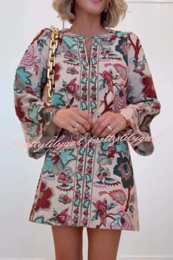 Autumn Garden Printed V-neck Long Bell Sleeve Top and Mid Rise Skirt Set