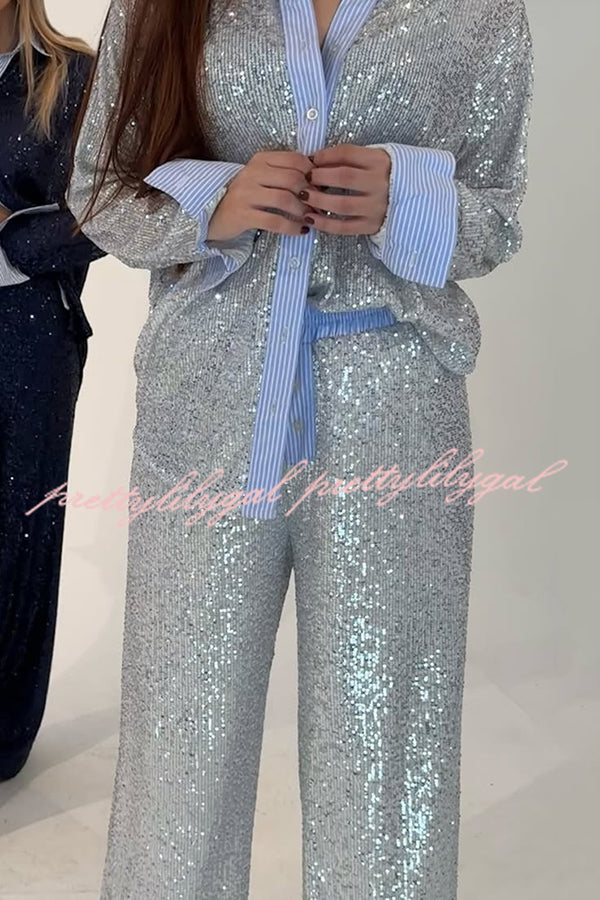 Fashion Sequined Loose Long-sleeved Shirt and Casual Elastic Waist Wide-leg Pants Set