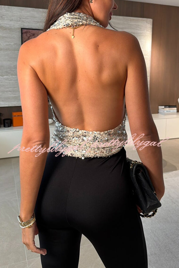 Dazzling Night Sequin Halter Cowl Neck Backless Tank