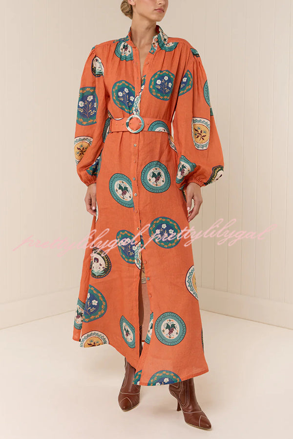 Linen Blend Unique Print Belted Single-breasted Casual Maxi Dress