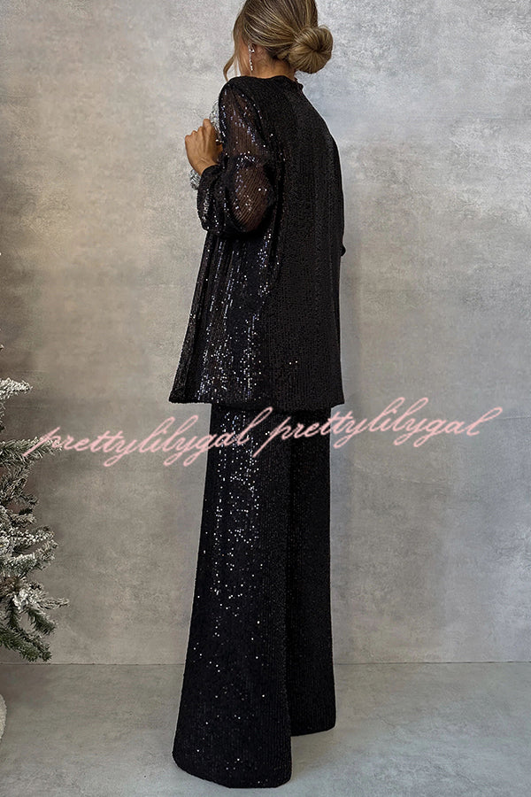 Party Scene Sequin Open Front Long Sleeve Drape Coat