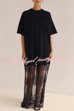Ophelia Short Sleeve Sheer Floral Lace Hem Oversized T-shirt Maxi Dress